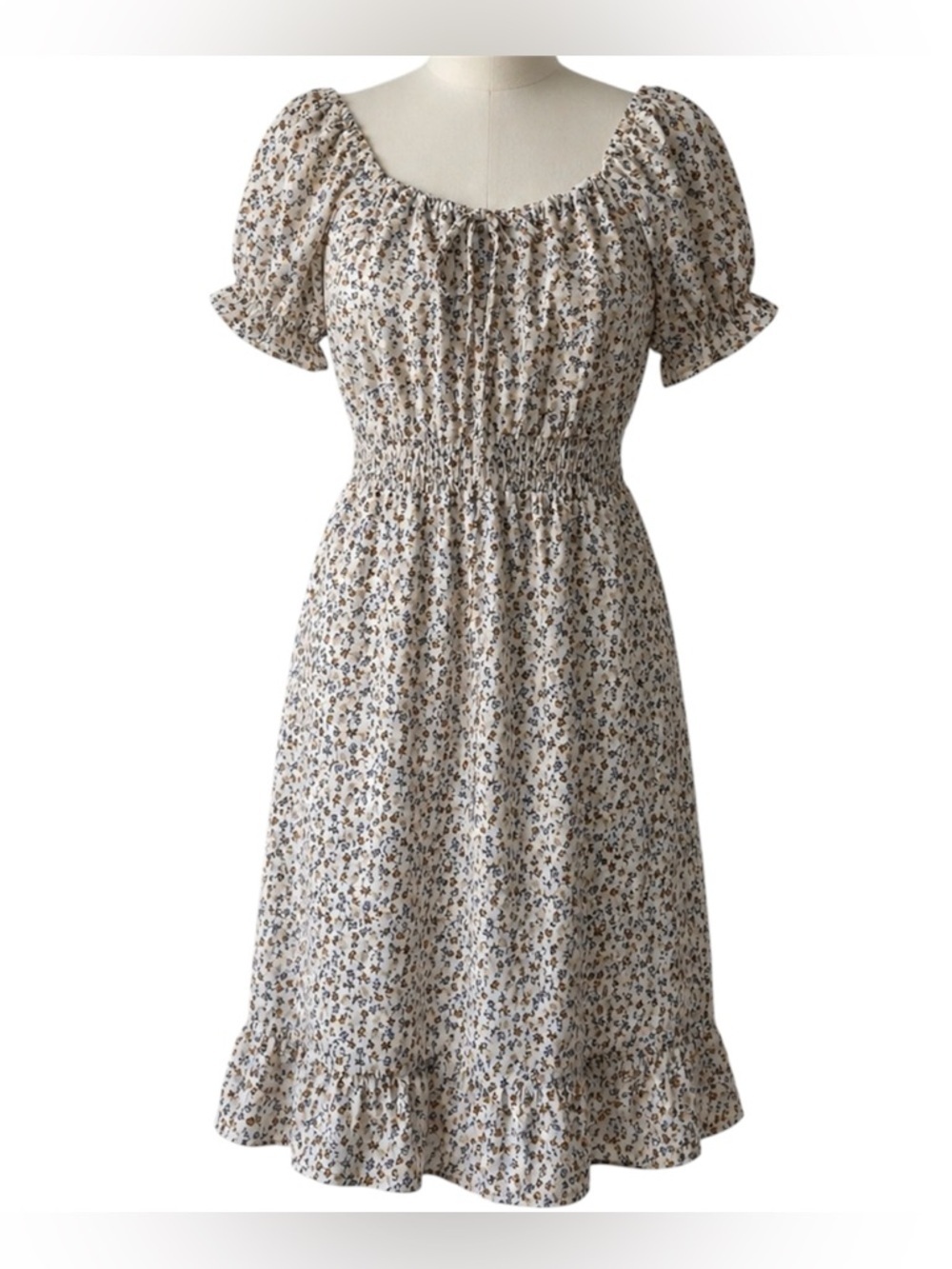 Monteau Cream Floral Smocked Midi Dress with Puff Sleeves